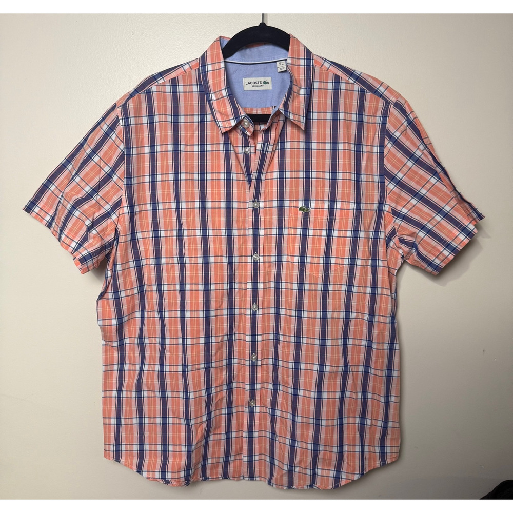 Lacoste Shirt Mens XL Plaid Short Sleeve Button Down Cotton Regular Fit Spring